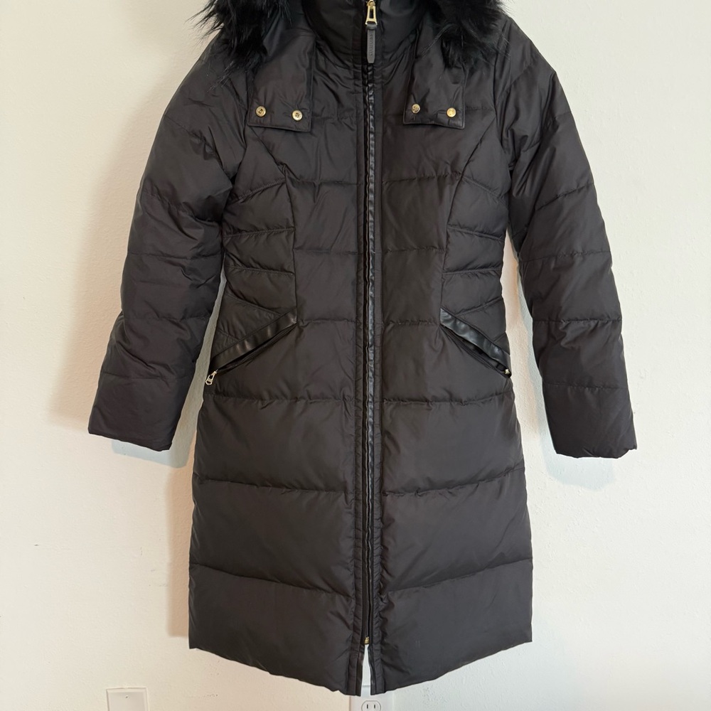 Women’s Cole Haan Black Puffer Coat Knee Length Hooded Size Medium Down Fill - Picture 4 of 7